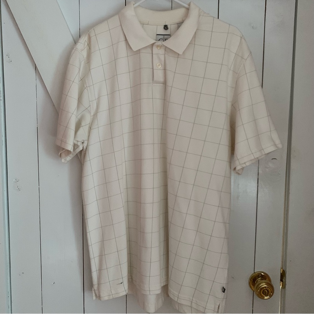 Men's XL Polo Short Sleeve Collared Two Button White Plaid